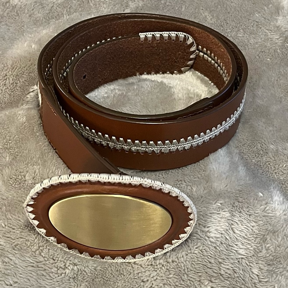 Stitched leather belt with stitched brass buckle, 36-38” x 1-1/2”. Vintage.